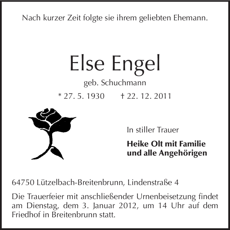  Traueranzeige für Else Engel vom 29.12.2011 aus Echo-Zeitungen (Gesamtausgabe)