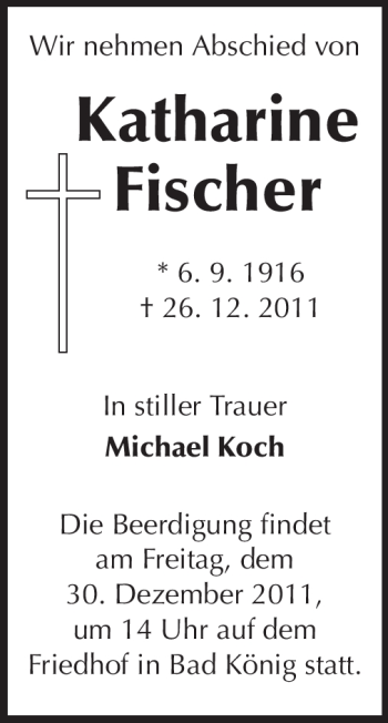 Traueranzeige von Katharine Fischer von Odenwälder Echo