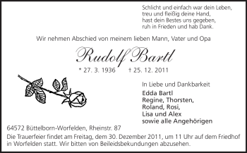 Traueranzeige von Rudolf Bartl von Rüsselsheimer Echo, Groß-Gerauer-Echo, Ried Echo