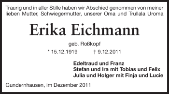 Traueranzeige von Erika Eichmann von Darmstädter Echo, Odenwälder Echo, Rüsselsheimer Echo, Groß-Gerauer-Echo, Ried Echo