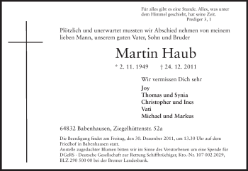 Traueranzeige von Martin Haub von Echo-Zeitungen (Gesamtausgabe)