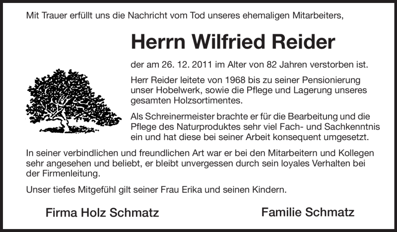  Traueranzeige für Wilfried Reider vom 29.12.2011 aus Starkenburger Echo