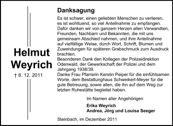 Traueranzeige von Helmut Weyrich von Odenwälder Echo