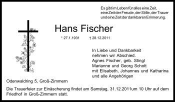 Traueranzeige von Hans Fischer von Echo-Zeitungen (Gesamtausgabe)