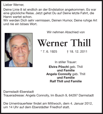 Traueranzeige von Werner Thill von Echo-Zeitungen (Gesamtausgabe)
