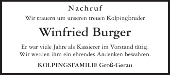 Traueranzeige von Winfried Burger von Darmstädter Echo, Odenwälder Echo, Rüsselsheimer Echo, Groß-Gerauer-Echo, Ried Echo