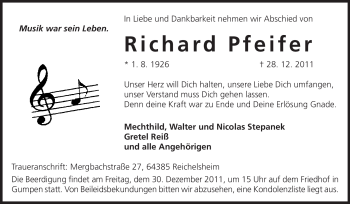 Traueranzeige von Richard Pfeifer von Odenwälder Echo