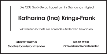 Traueranzeige von Katharina (Ina) Krings-Frank von Rüsselsheimer Echo, Groß-Gerauer-Echo, Ried Echo
