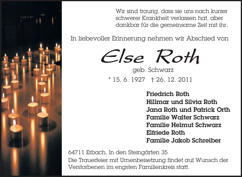  Traueranzeige für Else Roth vom 30.12.2011 aus Rüsselsheimer Echo, Groß-Gerauer-Echo, Ried Echo