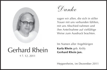 Traueranzeige von Gerhard Josef Rhein von Starkenburger Echo, Bergsträßer Anzeiger