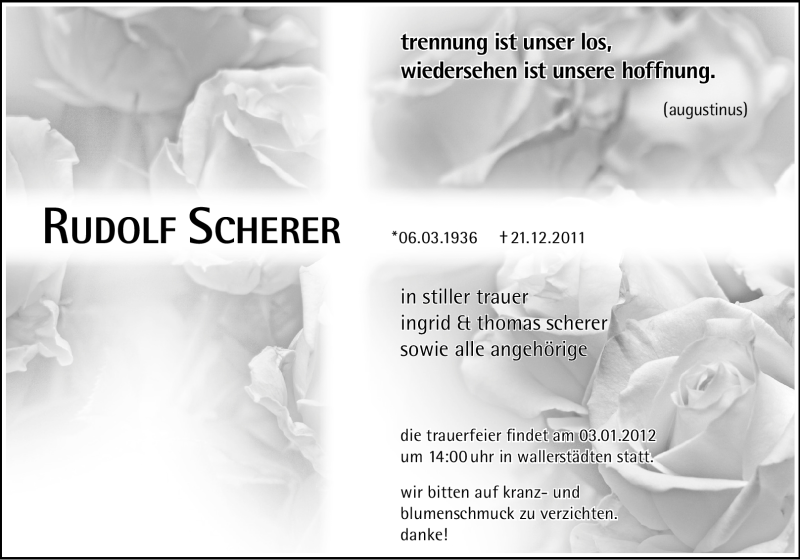  Traueranzeige für Rudolf Scherer vom 30.12.2011 aus Echo-Zeitungen (Gesamtausgabe)