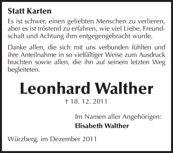 Traueranzeige von Leonhard Walther von Odenwälder Echo