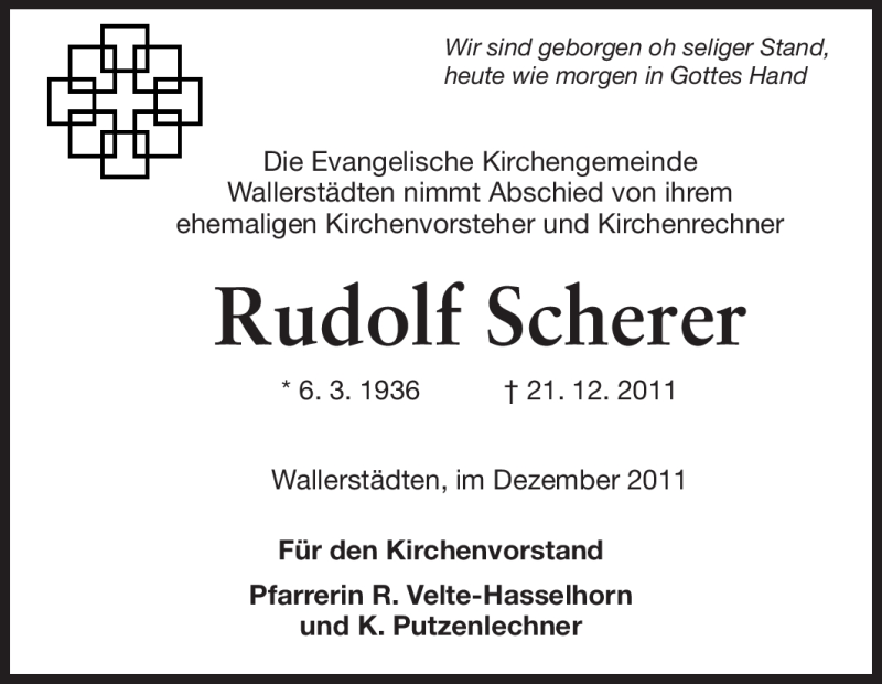  Traueranzeige für Rudolf Scherer vom 30.12.2011 aus Rüsselsheimer Echo, Groß-Gerauer-Echo, Ried Echo
