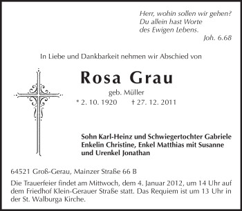 Traueranzeige von Rosa Grau von Rüsselsheimer Echo, Groß-Gerauer-Echo, Ried Echo