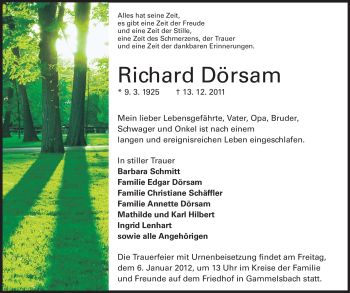 Traueranzeige von Richard Dörsam von Odenwälder Echo