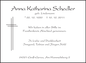 Traueranzeige von Anna Katharina Schedler von Rüsselsheimer Echo, Groß-Gerauer-Echo, Ried Echo
