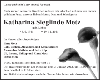 Traueranzeige von Katharina Sieglinde Metz von Rüsselsheimer Echo, Groß-Gerauer-Echo, Ried Echo