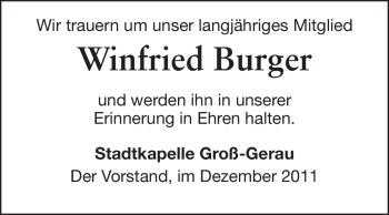 Traueranzeige von Winfried Burger  von Rüsselsheimer Echo, Groß-Gerauer-Echo, Ried Echo