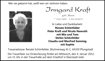 Traueranzeige von Irmgard Kraft von Echo-Zeitungen (Gesamtausgabe)