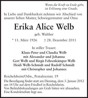 Traueranzeige von Erika Alice Welb von Odenwälder Echo