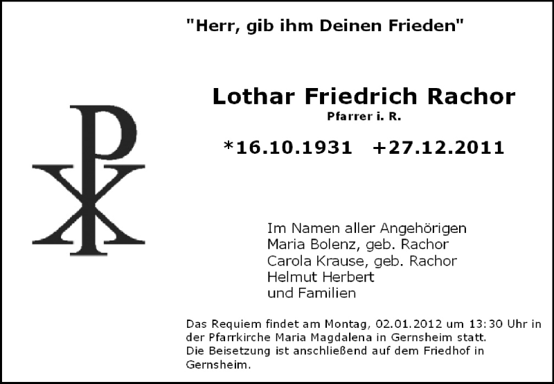  Traueranzeige für Lothar Friedrich Rachor vom 31.12.2011 aus Rüsselsheimer Echo, Groß-Gerauer-Echo, Ried Echo