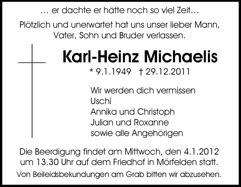  Traueranzeige für Karl-Heinz Michaelis vom 31.12.2011 aus Echo-Zeitungen (Gesamtausgabe)