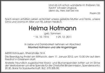 Traueranzeige von Helma Hofmann von Echo-Zeitungen (Gesamtausgabe)