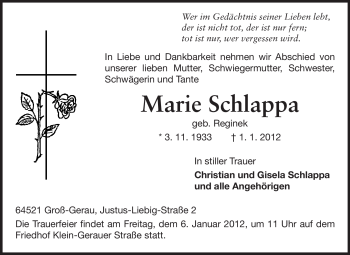 Traueranzeige von Marie Schlappa von Rüsselsheimer Echo, Groß-Gerauer-Echo, Ried Echo