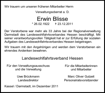 Traueranzeige von Erwin Blisse von Echo-Zeitungen (Gesamtausgabe)