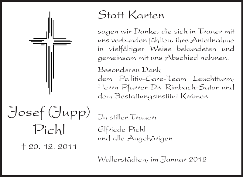  Traueranzeige für Josef Pichl vom 04.01.2012 aus Rüsselsheimer Echo, Groß-Gerauer-Echo, Ried Echo