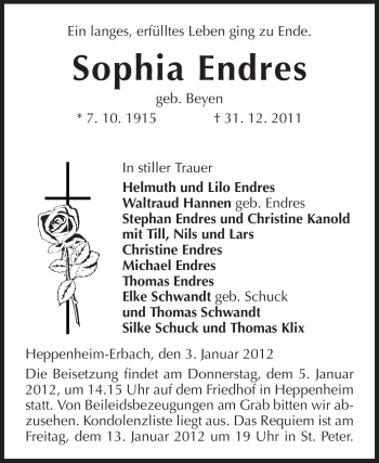 Traueranzeige von Sophia Endres von Starkenburger Echo
