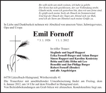 Traueranzeige von Emil Fornoff von Odenwälder Echo