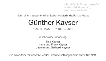 Traueranzeige von Günther Kayser von Echo-Zeitungen (Gesamtausgabe)