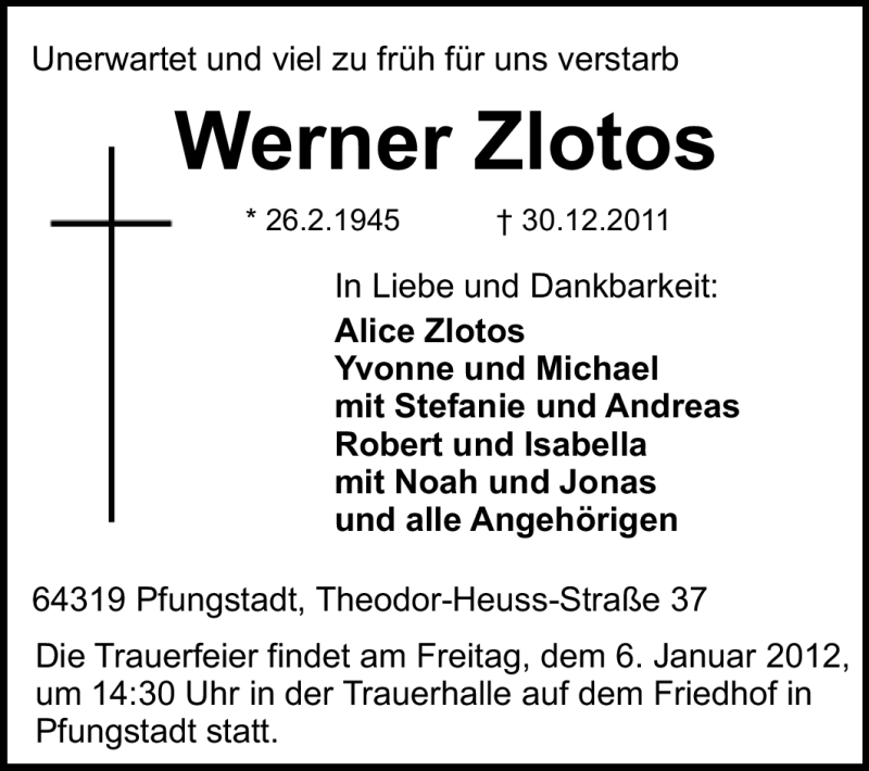  Traueranzeige für Werner Zlotos vom 04.01.2012 aus Echo-Zeitungen (Gesamtausgabe)