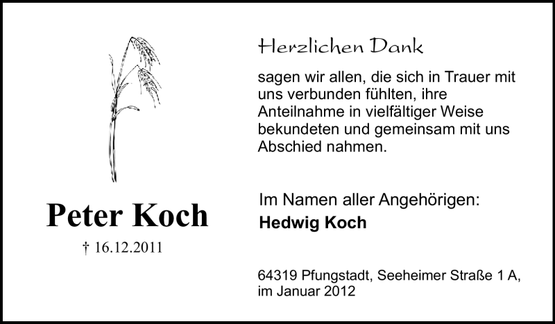  Traueranzeige für Peter Koch vom 07.01.2012 aus Echo-Zeitungen (Gesamtausgabe)