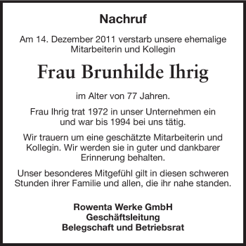 Traueranzeige von Brunhilde Ihrig von Odenwälder Echo