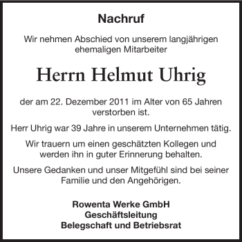 Traueranzeige von Helmut Uhrig von Odenwälder Echo