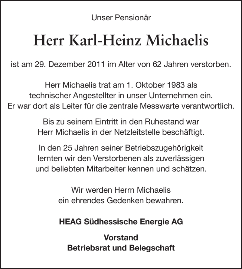  Traueranzeige für Karl-Heinz Michaelis vom 04.01.2012 aus Darmstädter Echo, Odenwälder Echo, Rüsselsheimer Echo, Groß-Gerauer-Echo, Ried Echo