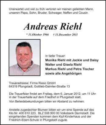 Traueranzeige von Andreas Riehl von Echo-Zeitungen (Gesamtausgabe)