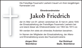 Traueranzeige von Jakob Friedrich von Rüsselsheimer Echo, Groß-Gerauer-Echo, Ried Echo