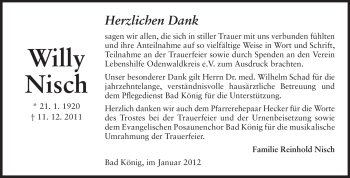 Traueranzeige von Willy Nisch von Odenwälder Echo