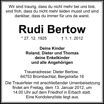 Traueranzeige von Rudi Bertow von Odenwälder Echo