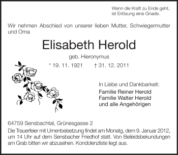 Traueranzeige von Elisabeth Herold von Odenwälder Echo