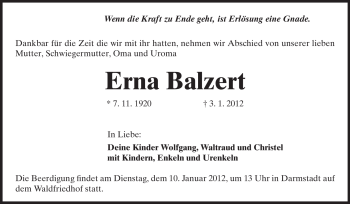 Traueranzeige von Erna Balzert von Darmstädter Echo, Odenwälder Echo, Rüsselsheimer Echo, Groß-Gerauer-Echo, Ried Echo
