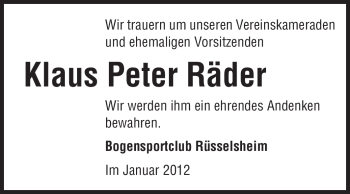 Traueranzeige von Klaus Peter Räder von Rüsselsheimer Echo, Groß-Gerauer-Echo, Ried Echo