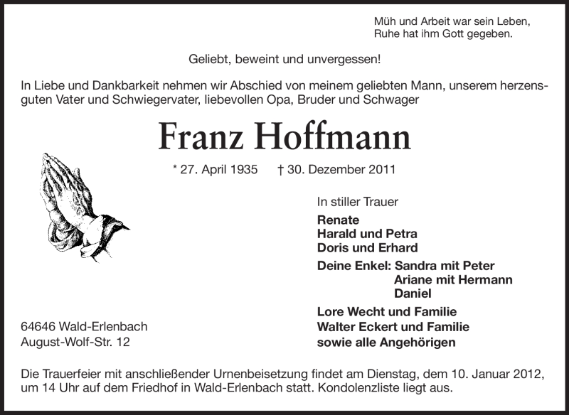  Traueranzeige für Franz Hoffmann vom 06.01.2012 aus Starkenburger Echo