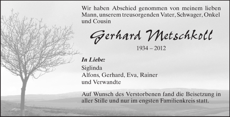  Traueranzeige für Gerhard Metschkoll vom 07.01.2012 aus Rüsselsheimer Echo, Groß-Gerauer-Echo, Ried Echo