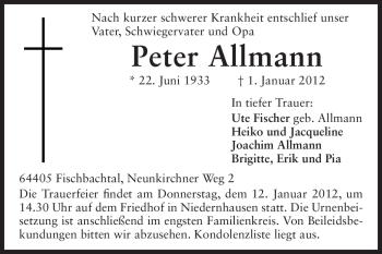 Traueranzeige von Peter Allmann von Echo-Zeitungen (Gesamtausgabe)