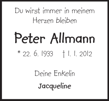 Traueranzeige von Peter Allmann von Echo-Zeitungen (Gesamtausgabe)
