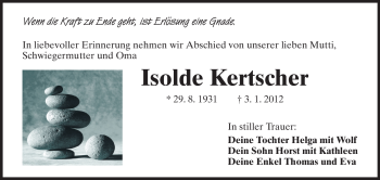 Traueranzeige von Isolde Kertscher von Darmstädter Echo, Odenwälder Echo, Rüsselsheimer Echo, Groß-Gerauer-Echo, Ried Echo